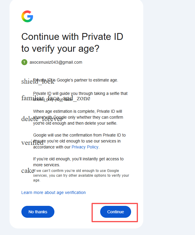 Continue with Private ID 确认弹窗